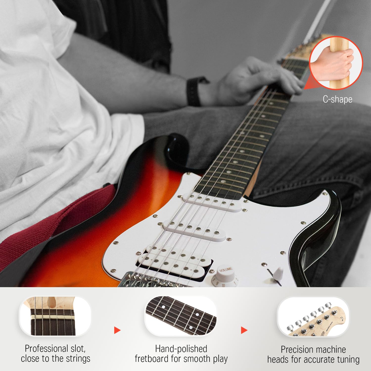 Donner DST-100S 39 Inch Full Size Electric Guitar Kit Solid Body Sunburst, Beginner Starter, with Amplifier, Bag, Capo, Strap, S